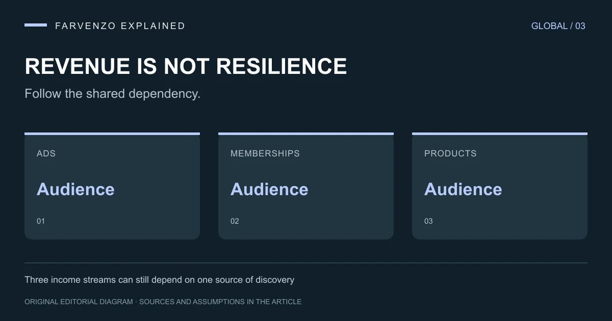 Revenue is not resilience: ADS Audience, MEMBERSHIPS Audience, PRODUCTS Audience. Three income streams can still depend on one source of discovery
