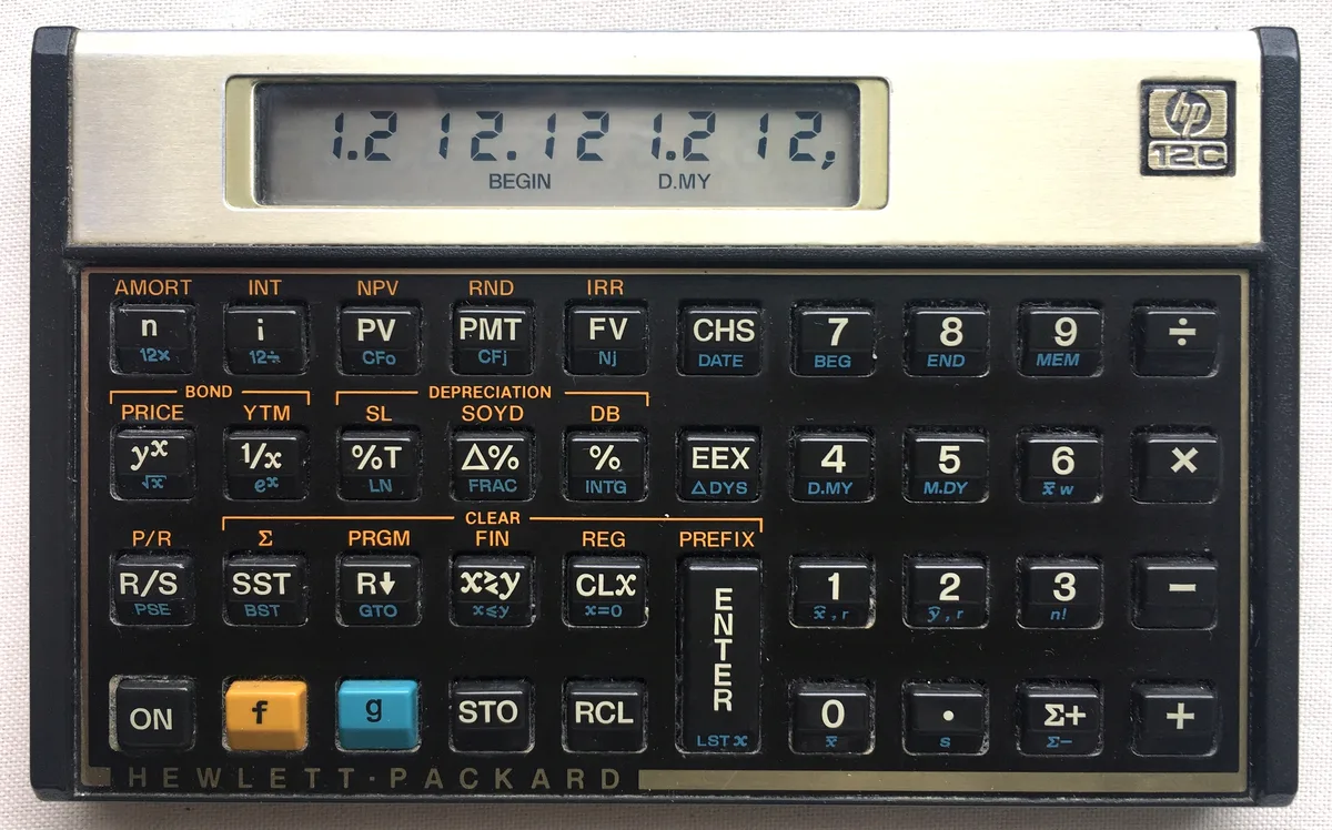 An HP-12C financial calculator.