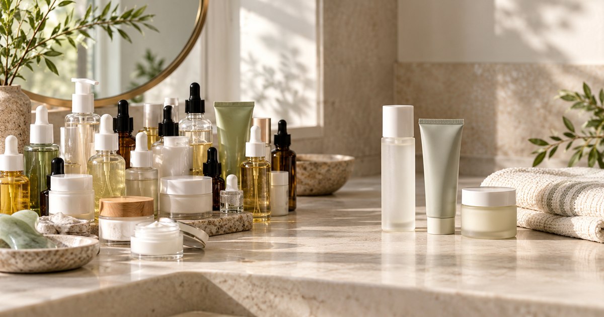 Original AI-created conceptual skincare picture contrasting a crowded shelf of unbranded products with a simpler routine.