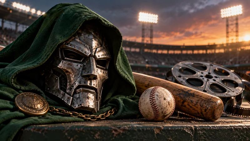 AI-generated Doctor Doom-style conceptual illustration with a green-hooded metal mask, baseball, bat and film reel; not official Marvel artwork or a movie still.