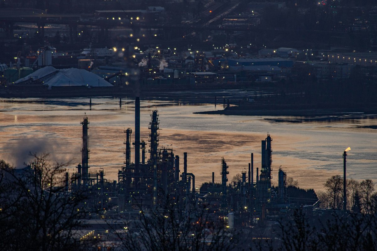 Burnaby oil refinery at dusk