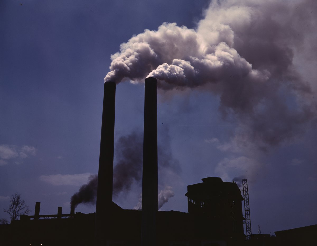 Smokestacks at a wartime production plant, photographed in 1942 by Alfred T.
