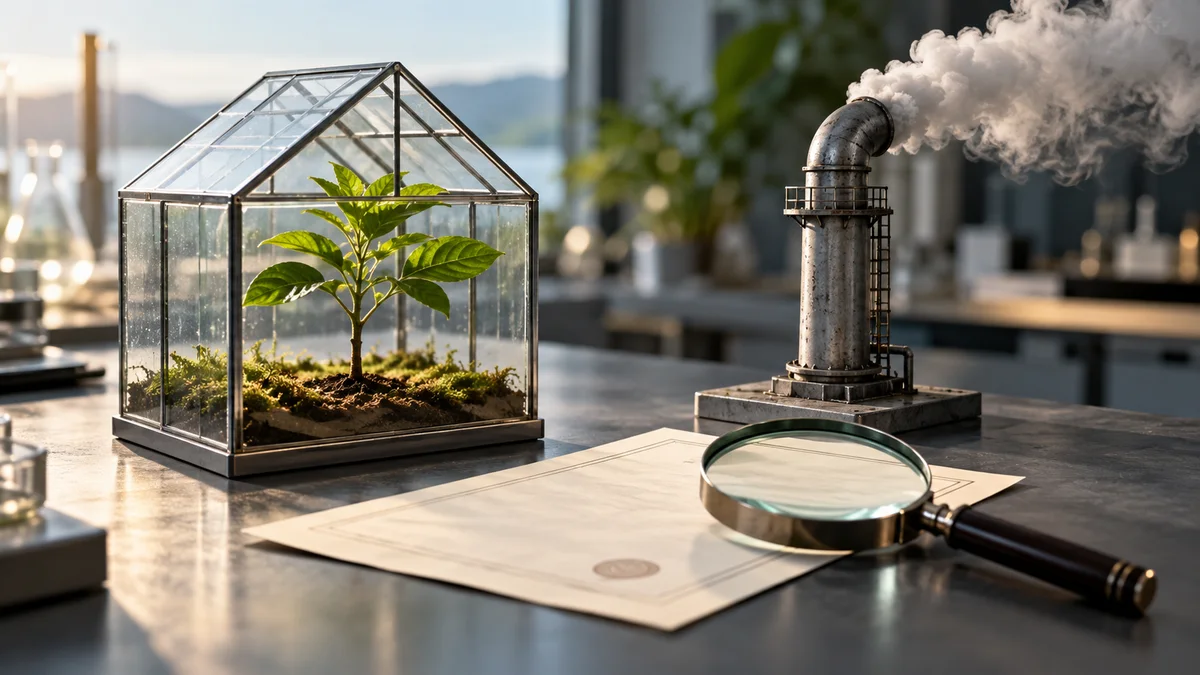 Original AI illustration of a greenhouse model, exhaust-pipe model and a certificate under a magnifying glass.