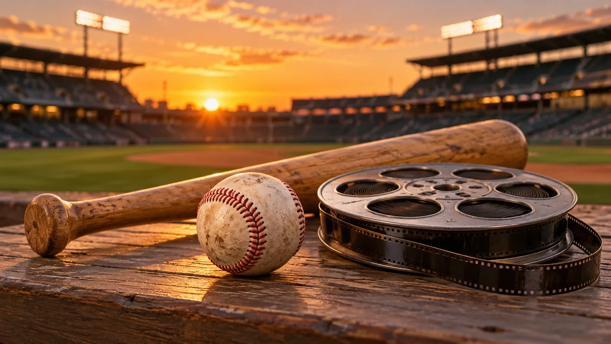 Original AI concept illustration of an unbranded baseball, wooden bat and film reel at a generic stadium; not an official movie still.