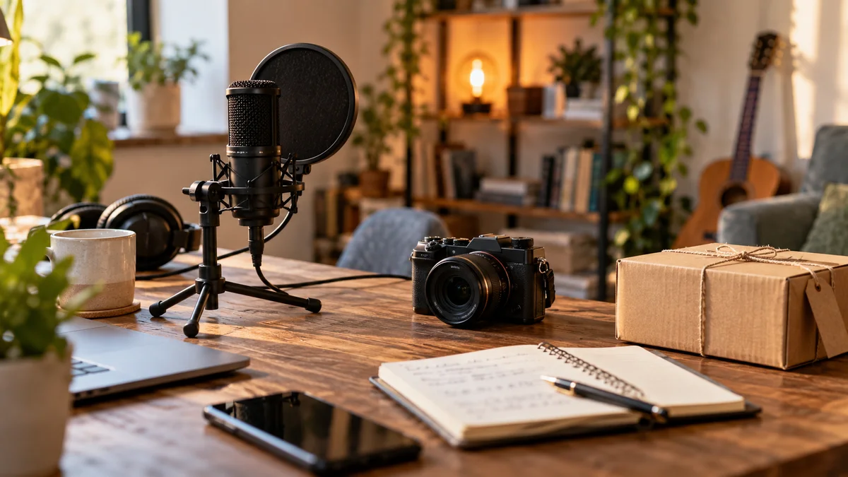 Original AI illustration of a microphone, camera, parcel and notebook in a creator workspace.