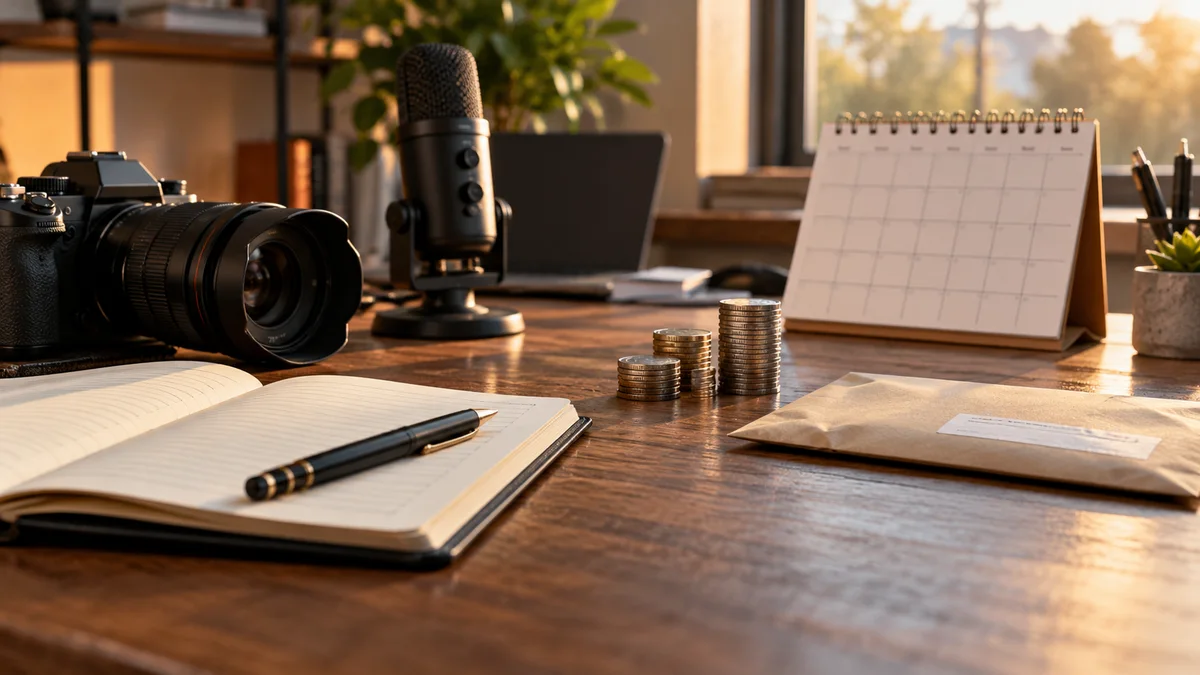 Original AI illustration of a creator workspace, calendar, coins and invoice envelope.