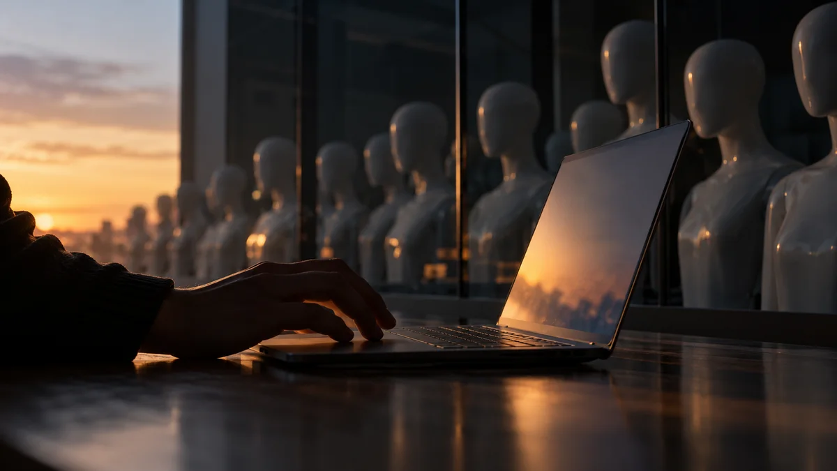 Original AI illustration of a hand using a laptop beside reflections of repeated mannequin figures.