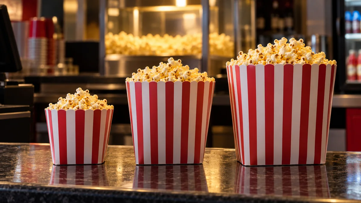 Original AI illustration of three differently sized popcorn cartons at a cinema counter.