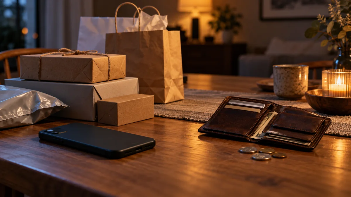 Original AI illustration of shopping parcels, a wallet and a face-down smartphone.