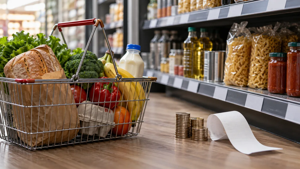 Original AI illustration of groceries, blank shelf labels, a receipt and coins.