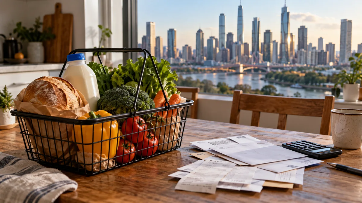 Original AI illustration of groceries and household bills beside a prosperous city skyline.