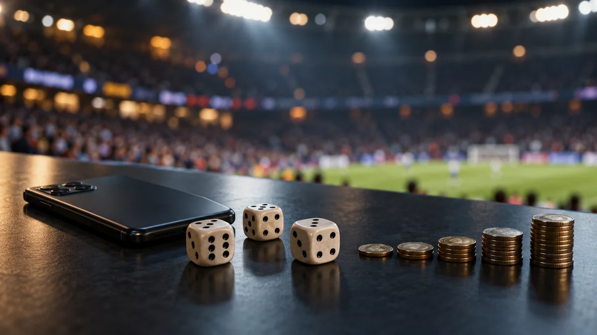 Original AI illustration of dice, a face-down phone and coins with a sports arena behind.
