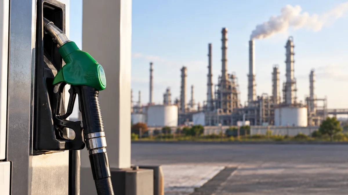 Original AI illustration of a fuel nozzle with a refinery in the distance.
