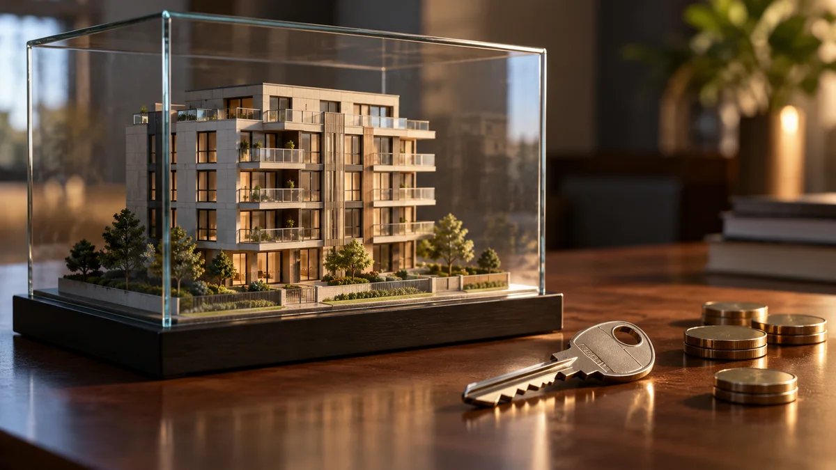 Original AI illustration of a model apartment building inside a glass case, with a key outside.