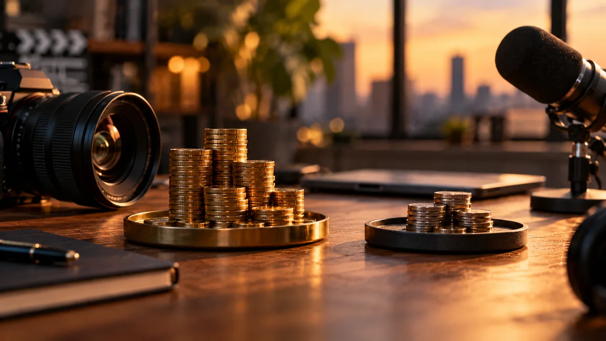 Original AI illustration of two different coin piles beside a camera and microphone.